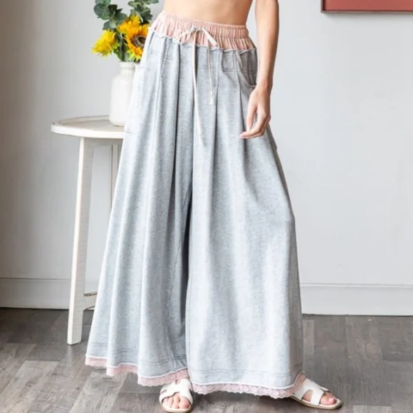 Oli & Hali Gray Wide Leg Lounge Pants with Pink Trim - Picture 5 of 8